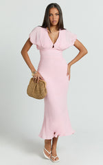 Desiree Midi Dress - V Neck Flutter Short Sleeve Slip Dress in Pink