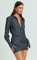 Desiree Mini Dress - Long Sleeve Wrap Skirt Shirt Dress in Grey