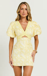 Diana Mini Dress - Jacquard Short Sleeve Cut Out Dress in Lemon