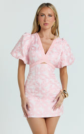 Diana Mini Dress - Jacquard Short Sleeve Cut Out Dress in Light Pink