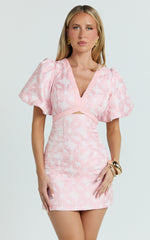 Diana Mini Dress - Jacquard Short Sleeve Cut Out Dress in Light Pink