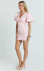 Diana Mini Dress - Jacquard Short Sleeve Cut Out Dress in Light Pink