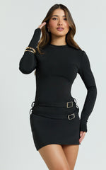 Diane Mini Dress - High Neck Double Belt Long Sleeve Bodycon Dress in Black