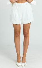 Diane Shorts - High Waisted Cuffed Single Pleated Tailored Shorts in White