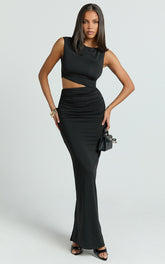Dixie Maxi Dress - One Sleeve Cut Out Bodycon Dress in Black