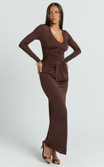 Dixie Maxi Dress - Plunge Long Sleeve Bodycon Dress in Chocolate