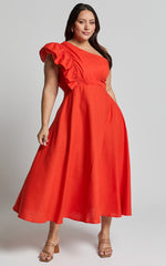 Dixie Midi Dress - Linen Look One Shoulder Ruffle Dress in Red Orange