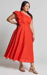 Dixie Midi Dress - Linen Look One Shoulder Ruffle Dress in Red Orange
