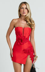 Dolores Mini Dress - Strapless Plunge Bodycon Leg Split Dress in Red