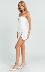 Dolores Mini Dress - Strapless Plunge Bodycon Leg Split Dress in White