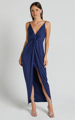Dominique Midi Dress - V Neck Twist Front Jersey Dress in Navy