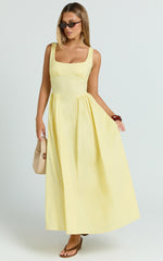 Donatella Midi Dress - Ruched Bust Fit And Flare Dress in Lemon