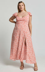 Donissa Midi Dress - Thigh Split Flutter Sleeve Dress in Orange Floral