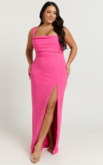 Donna Maxi Dress - Cowl Neck Column High Split Dress in Hot Pink