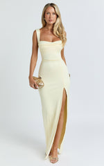 Donna Maxi Dress - Cowl Neck Column High Split Dress in Lemon
