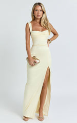 Donna Maxi Dress - Cowl Neck Column High Split Dress in Lemon