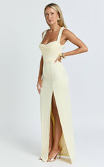 Donna Maxi Dress - Cowl Neck Column High Split Dress in Lemon