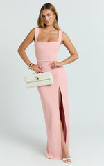 Donna Maxi Dress - Cowl Neck Column High Split Dress in Pale Pink