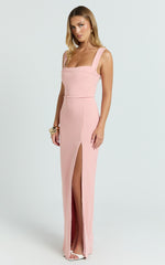 Donna Maxi Dress - Cowl Neck Column High Split Dress in Pale Pink