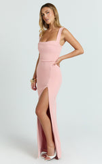 Donna Maxi Dress - Cowl Neck Column High Split Dress in Pale Pink