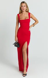 Donna Maxi Dress - Cowl Neck Column High Split Dress in Red