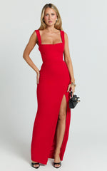 Donna Maxi Dress - Cowl Neck Column High Split Dress in Red
