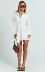 Duncan Mini Dress - Long Sleeve Tie Waist Shirt Dress in White