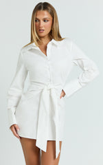 Duncan Mini Dress - Long Sleeve Tie Waist Shirt Dress in White