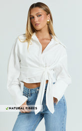 Duncan Top - Long Sleeve Wrap Waist Cropped Shirt in White