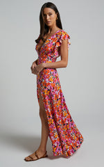 Dyliah Maxi Dress - Thigh Split Frill Shoulder Plunge Neck Dress in Spring Floral