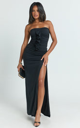 Edeline Maxi Dress - Strapless Sweetheart Ruched Bodycon Dress in Black