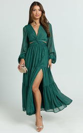 Edelyn Midi Dress - Cut Out Balloon Sleeve Tiered Dress in Emerald