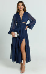 Edelyn Midi Dress - Cut Out Balloon Sleeve Tiered Dress in Navy