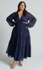 Edelyn Midi Dress - Cut Out Balloon Sleeve Tiered Dress in Navy