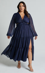 Edelyn Midi Dress - Cut Out Balloon Sleeve Tiered Dress in Navy