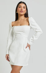 Edelyn Mini Dress - Square Neck Long Sleeve A Line Dress in White