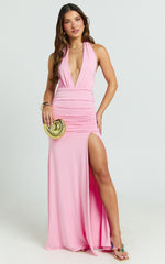 Eden Maxi Dress - Plunge Halter Neck Cut Out Bodycon Dress in Pink