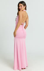 Eden Maxi Dress - Plunge Halter Neck Cut Out Bodycon Dress in Pink
