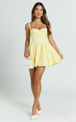 Eden Mini Dress - Jacquard Sweetheart Neck Lace Up Fit And Flare Dress in Yellow