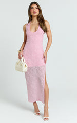 Eira Midi Dress - Jacquard Plunge Bodycon Dress in Pink