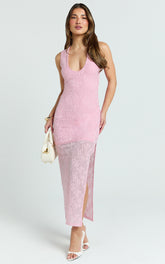 Eira Midi Dress - Jacquard Plunge Bodycon Dress in Pink