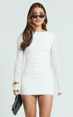 Eira Mini Dress - Lace High Neck Bodycon Dress in Off White