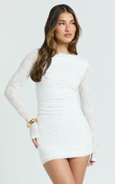 Eira Mini Dress - Lace High Neck Bodycon Dress in Off White