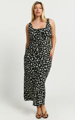 Elanora Midi Dress - Scoop Neck Keyhole Front Empire Waist Bias Cut Slip Dress in Black Wildflower