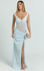 Elara Maxi Dress - Lace Ruched Side Split Dress in Soft Blue