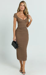 Elia Midi Dress - Cap Sleeve Sweetheart Underwire Fitted Dress in Brown