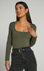 Elia Bodysuit - Square Neck Long Sleeve Bodysuit in Olive