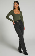 Elia Bodysuit - Square Neck Long Sleeve Bodysuit in Olive