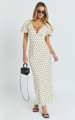 Elise Midi Dress - V Neck Puff Sleeve Dress in White Polka Dot