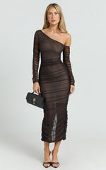 Ellen Midi Dress - Asymmetric Mesh Ruched Bodycon Dress in Brown